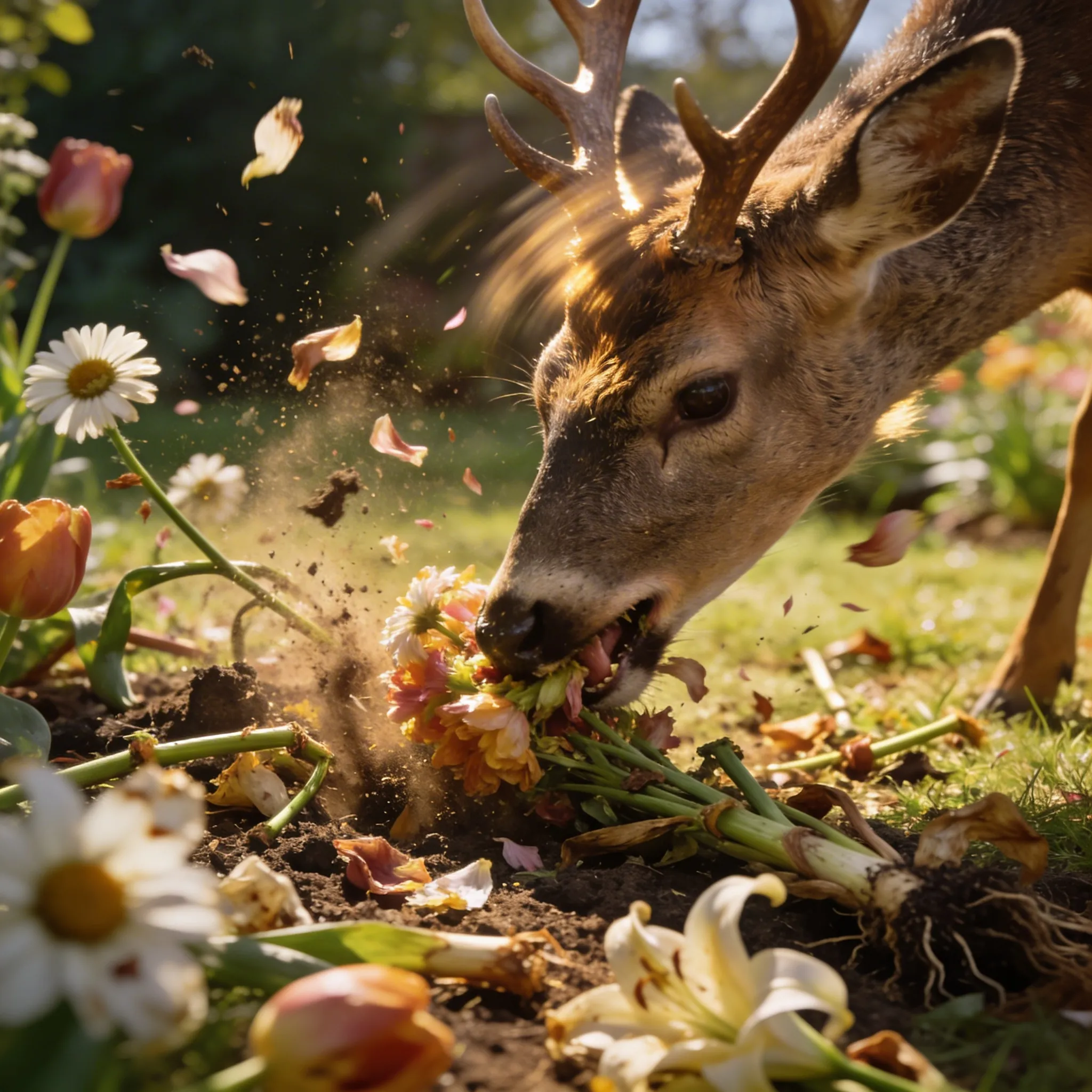 Rådjur som äter upp trädgårdsblommor
