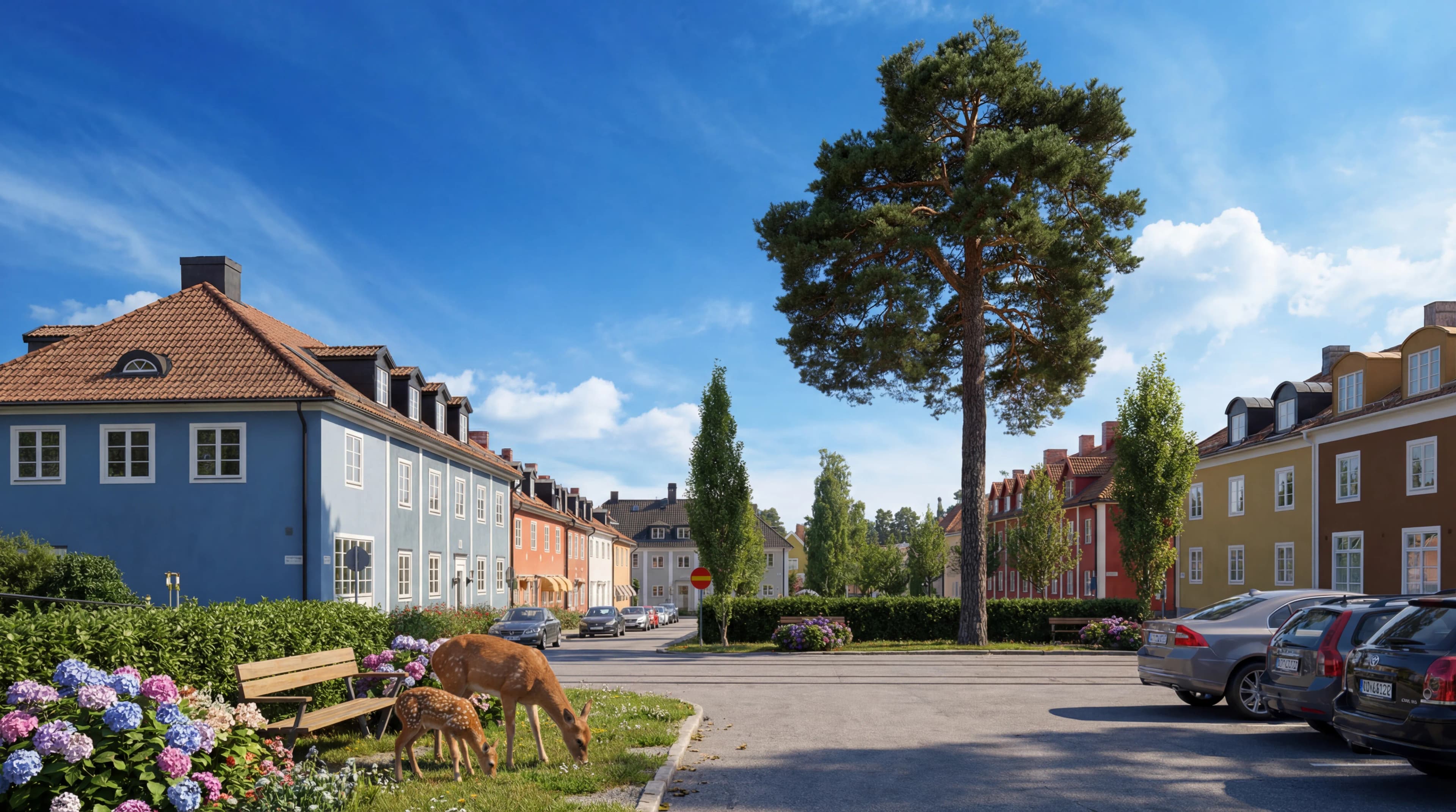Rådjur bland blommor och hus i bostadsområde